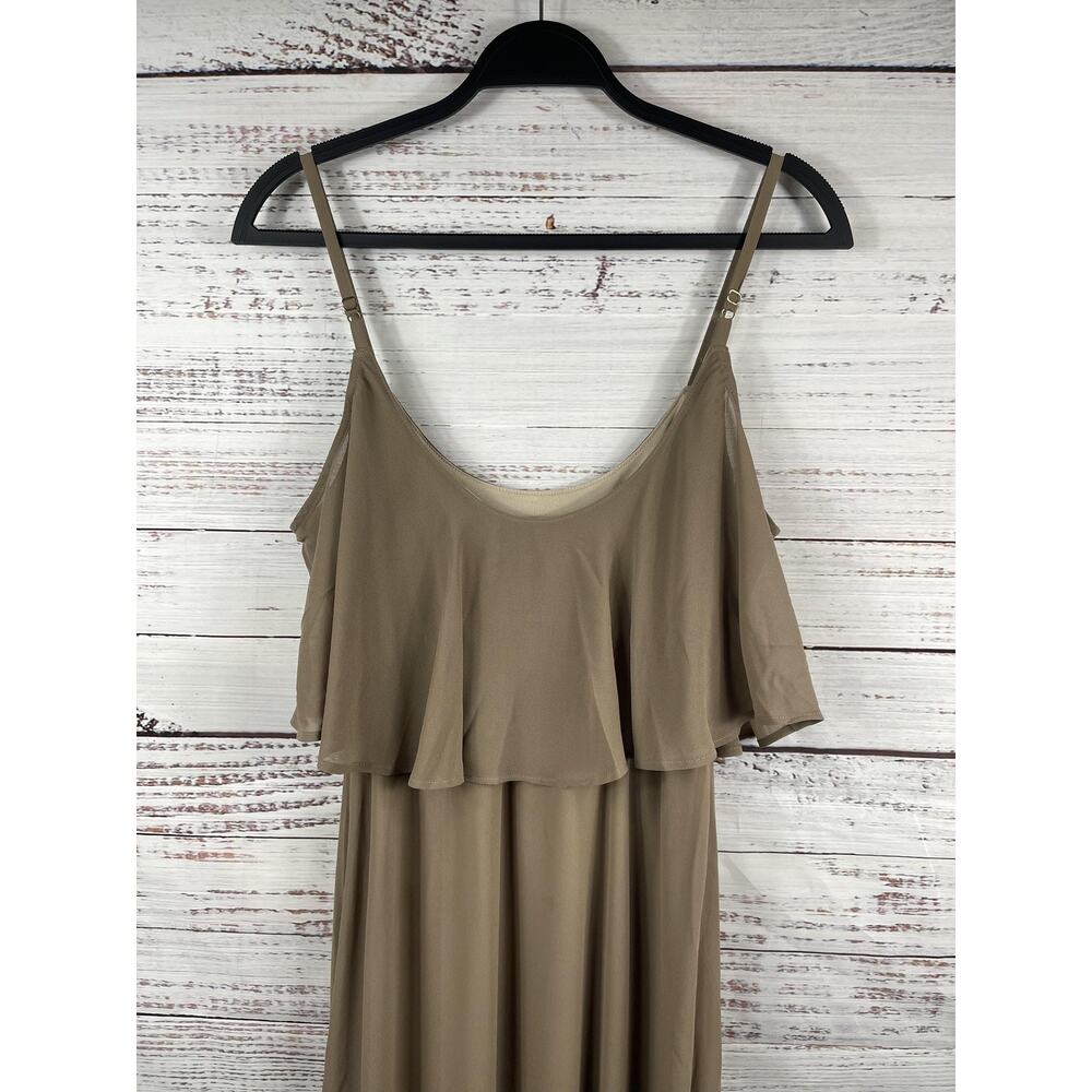 Show Me Your Mumu Dress Women's SZ XS Taupe Maxi Ruffle Overlay Spaghetti Strap - Picture 5 of 7